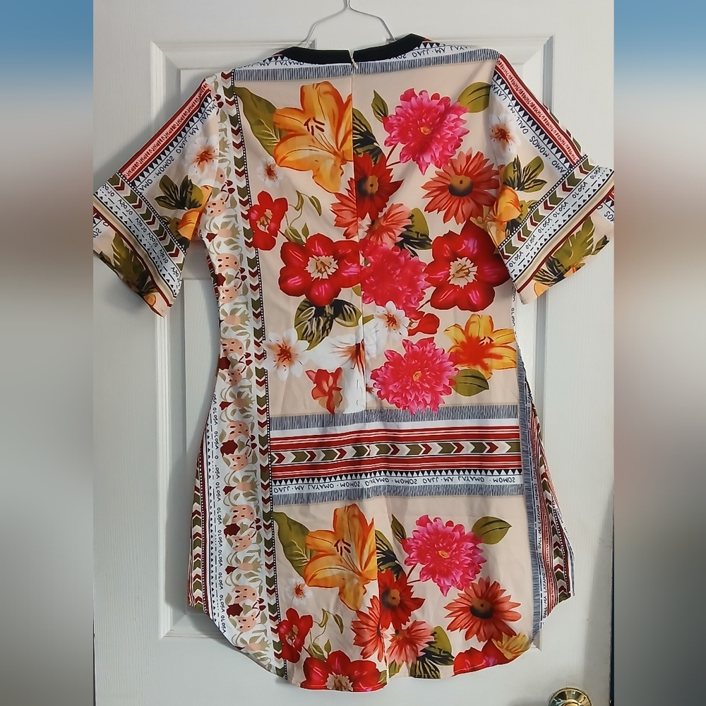 Floral Midi Dress with Red and Orange Accents - Picture 2 of 5